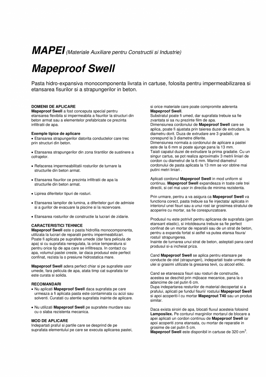 Pagina 1-Pasta hidro-expansiva monocomponenta pentru impermeabilizarea si etansarea fisurilor si a...