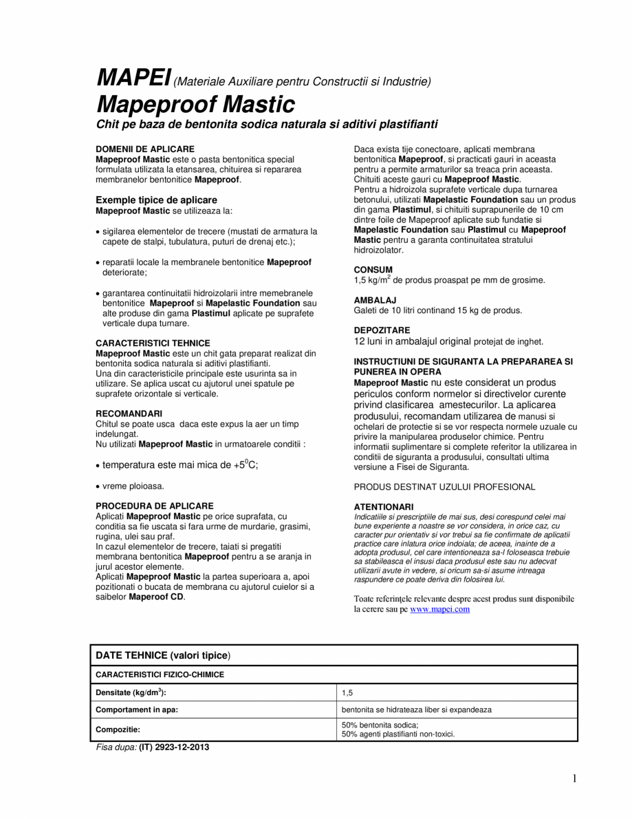 Pagina 1-Chit pe baza de bentonita sodica naturala si aditivi plastifianti MAPEI MAPEPROOF MASTIC Fisa...