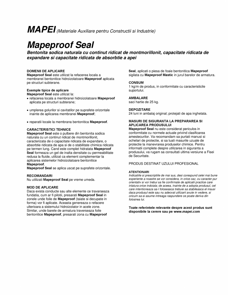 Pagina 1-Bentonita sodica naturala cu continut ridicat de montmorillonit MAPEI MAPEPROOF SEAL Fisa tehnica...