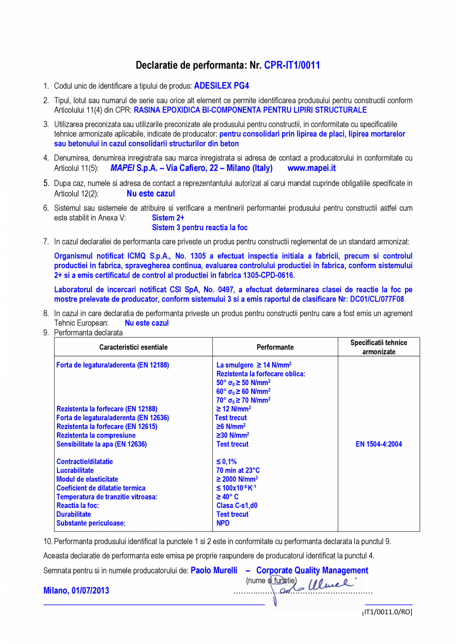 Pagina 1-Declaratie de performanta - Rasina epoxidica bi-componenta pentru lipiri structurale MAPEI ADESILEX ...
