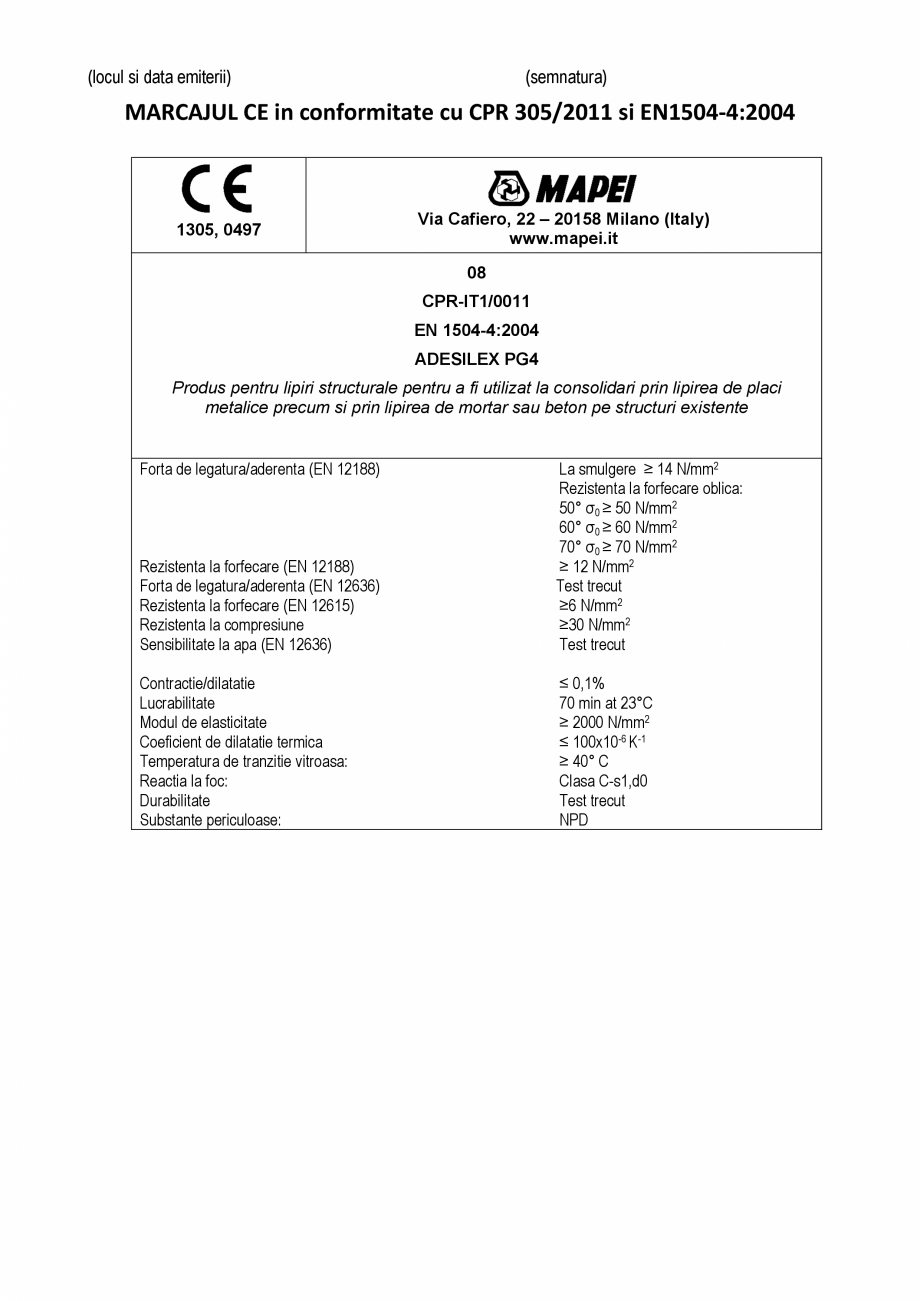 Pagina 2-Declaratie de performanta - Rasina epoxidica bi-componenta pentru lipiri structurale MAPEI ADESILEX ...