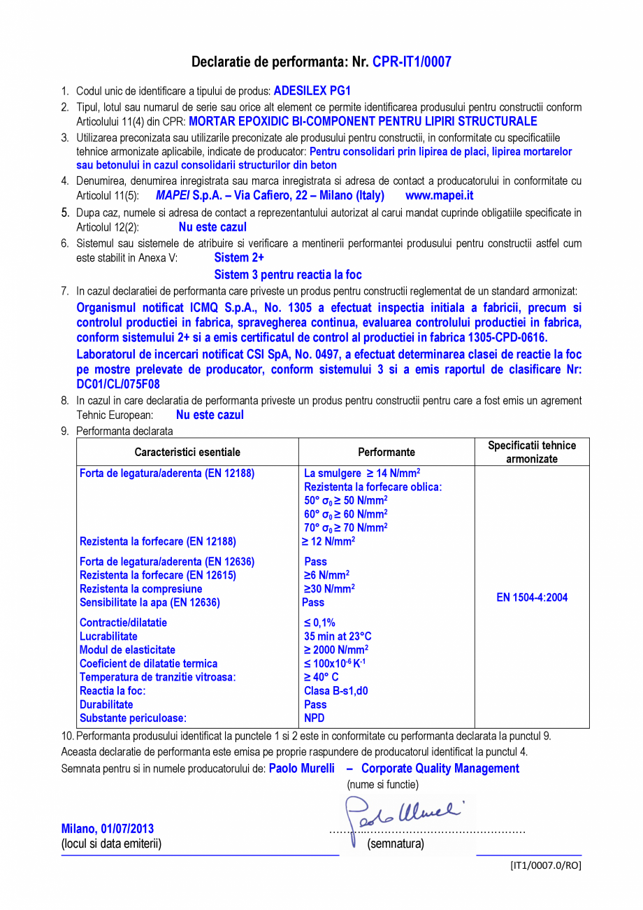Pagina 1 - Declaratie de performanta - Mortar expoxidic bi-compoment pentru lipiri structurale MAPEI...