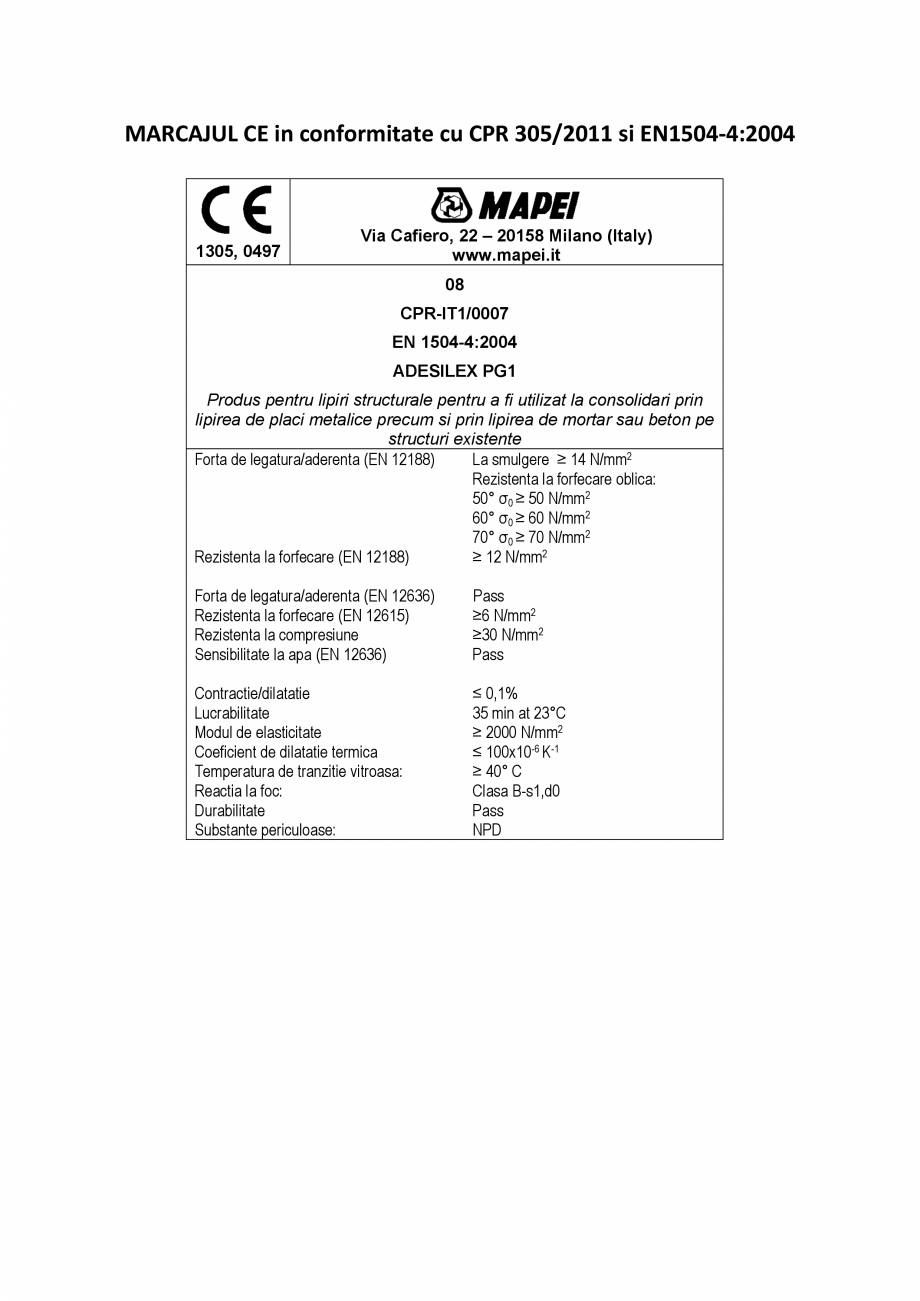 Pagina 2-Declaratie de performanta - Mortar expoxidic bi-compoment pentru lipiri structurale MAPEI ADESILEX...