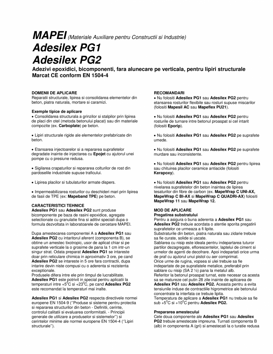 Pagina 1-Adezivi epoxidici, bicomponenti, fara alunecare pe verticala, pentru lipiri structurale MAPEI...