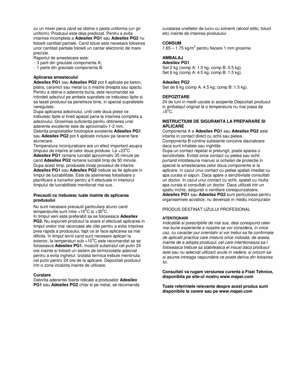 Pagina 2-Adezivi epoxidici, bicomponenti, fara alunecare pe verticala, pentru lipiri structurale MAPEI...