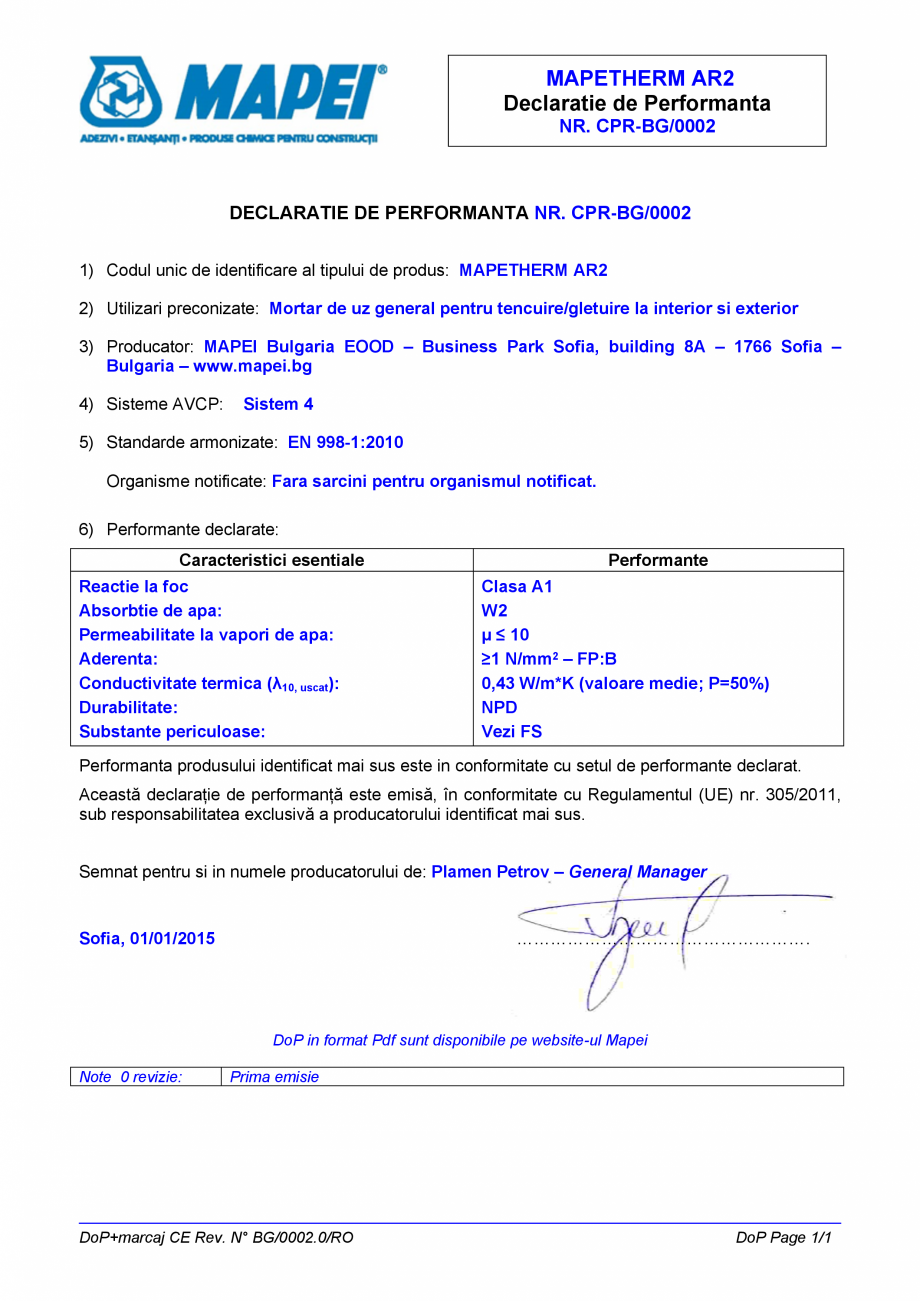 Pagina 1-Declaratie de performanta - Mortar de uz general pentru tencuire/gletuire la interior si exterior...