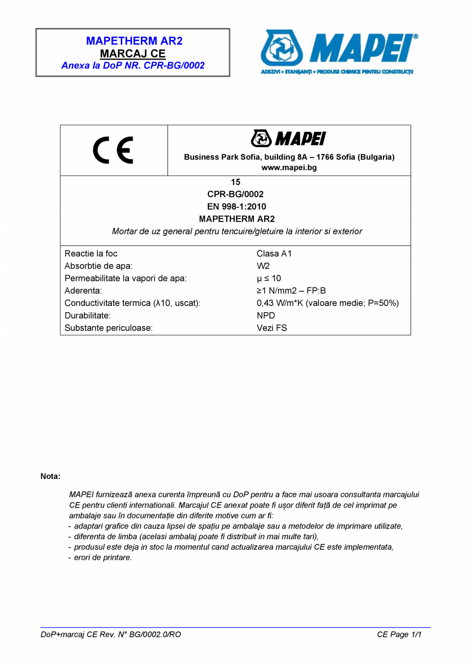 Pagina 2-Declaratie de performanta - Mortar de uz general pentru tencuire/gletuire la interior si exterior...