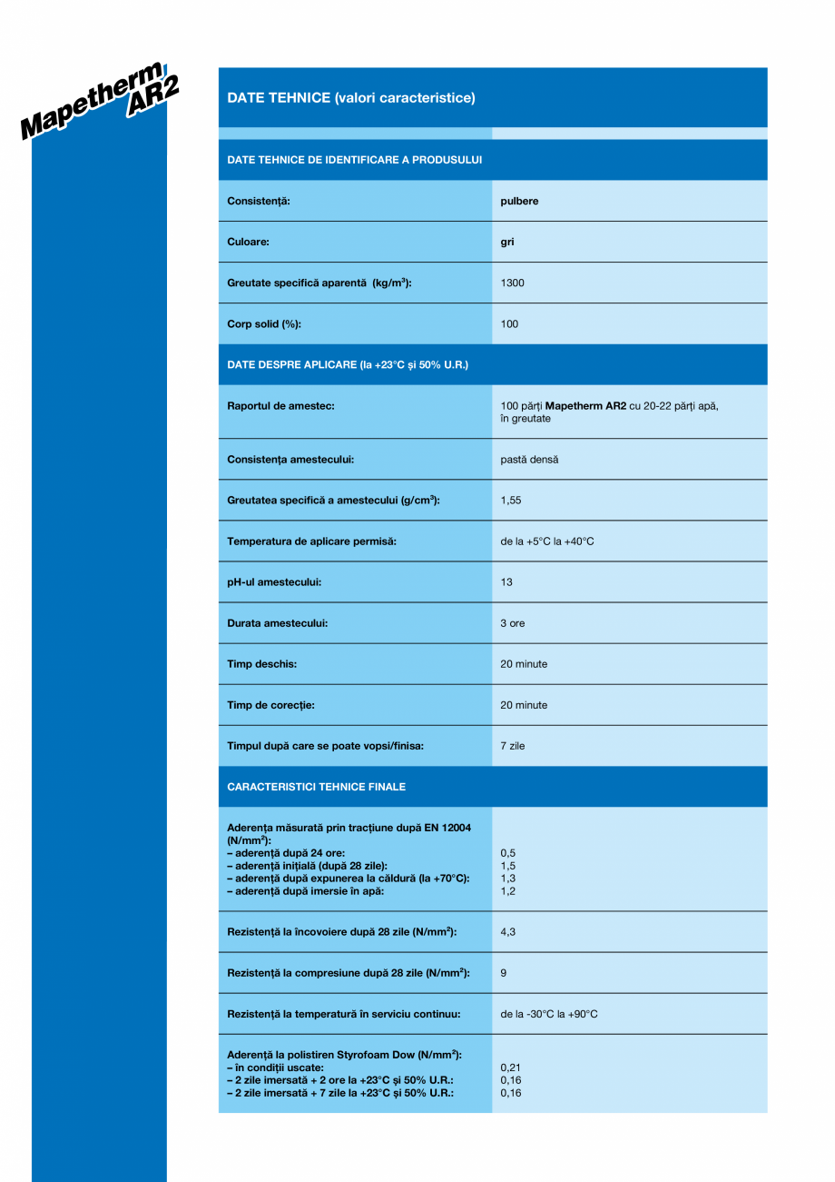 Pagina 2-Mortar monocomponent pe baza de ciment MAPEI MAPETHERM AR2 Fisa tehnica Romana toarelor sisteme:
•...