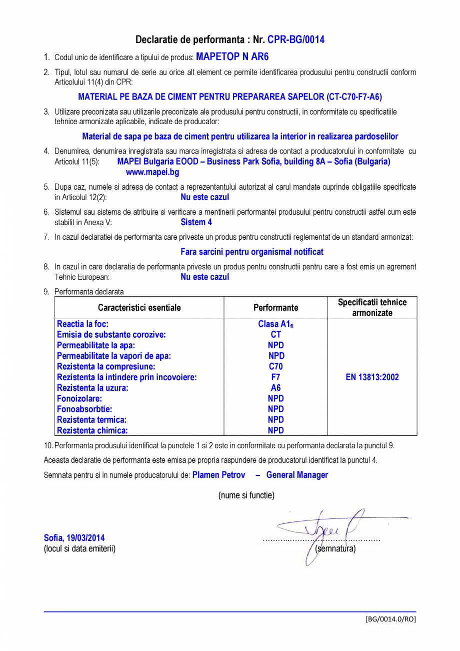 Pagina 1-Declaratie de performanta - Material pe baza de ciment pentru prepararea sapelor (CT-C70-F7-A6)...