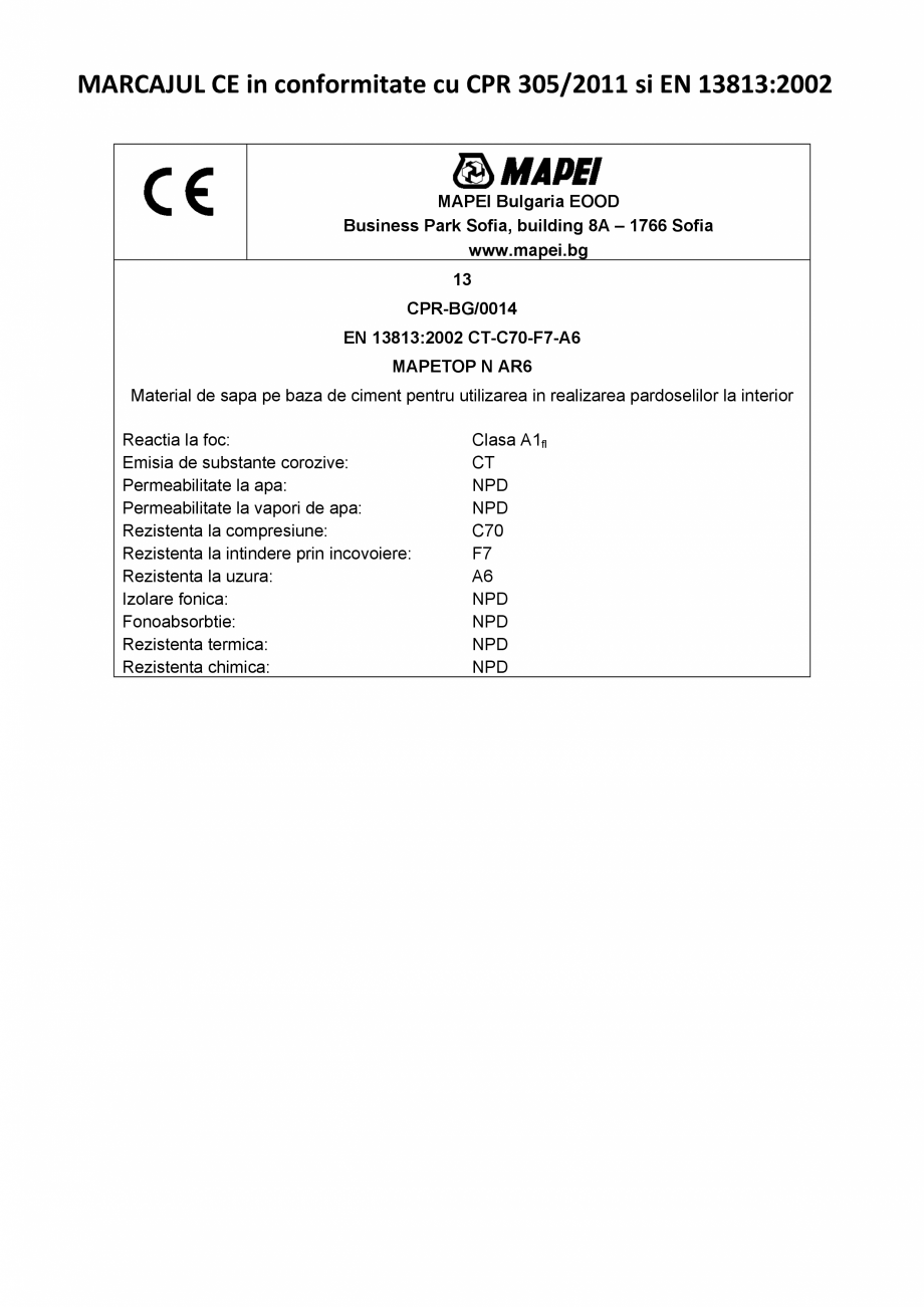Pagina 2-Declaratie de performanta - Material pe baza de ciment pentru prepararea sapelor (CT-C70-F7-A6)...