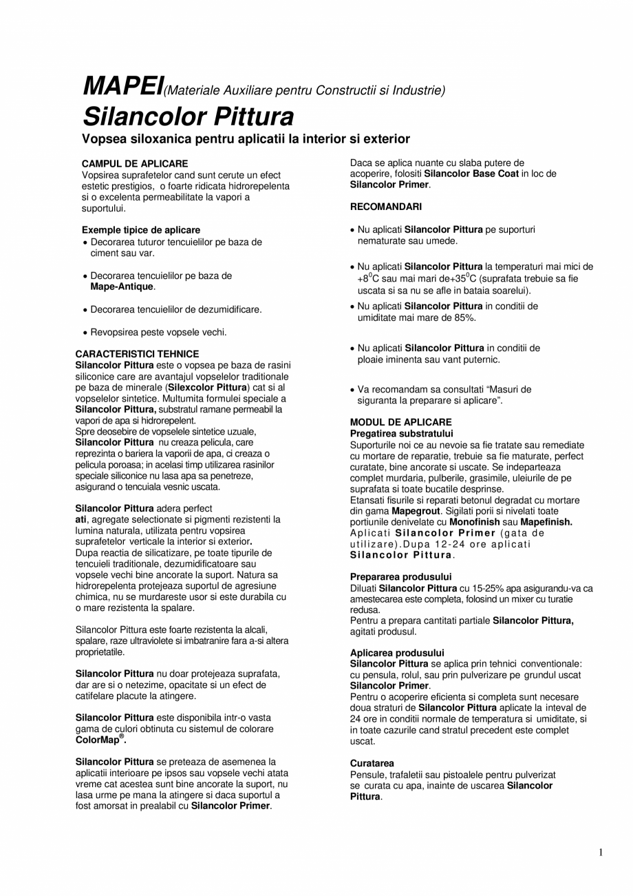 Pagina 1 - Vopsea siloxanica pentru aplicatii la interior si exterior MAPEI SILANCOLOR PITTURA Fisa ...