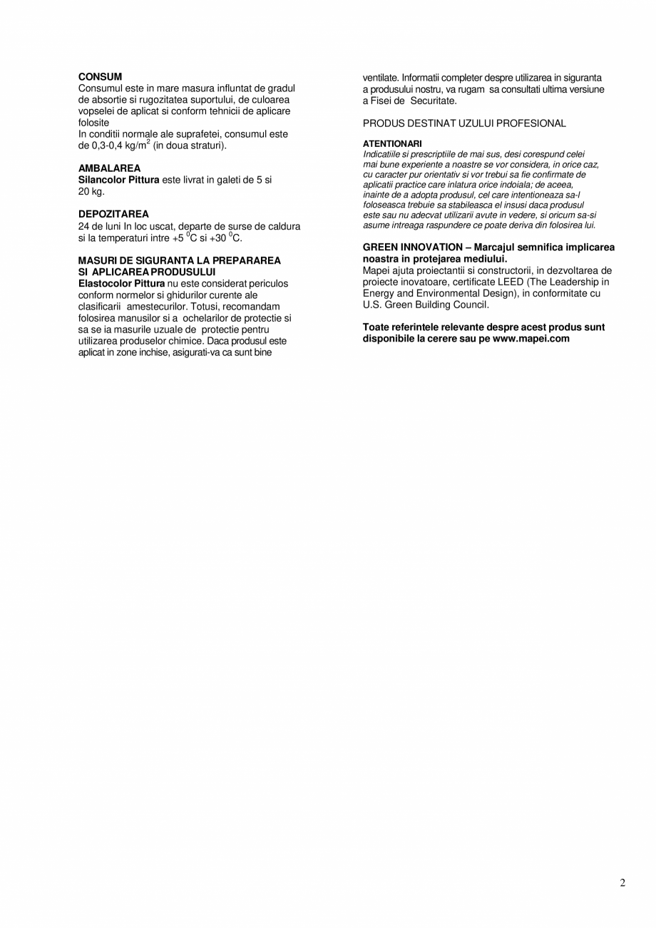 Pagina 2-Vopsea siloxanica pentru aplicatii la interior si exterior MAPEI SILANCOLOR PITTURA Fisa tehnica...
