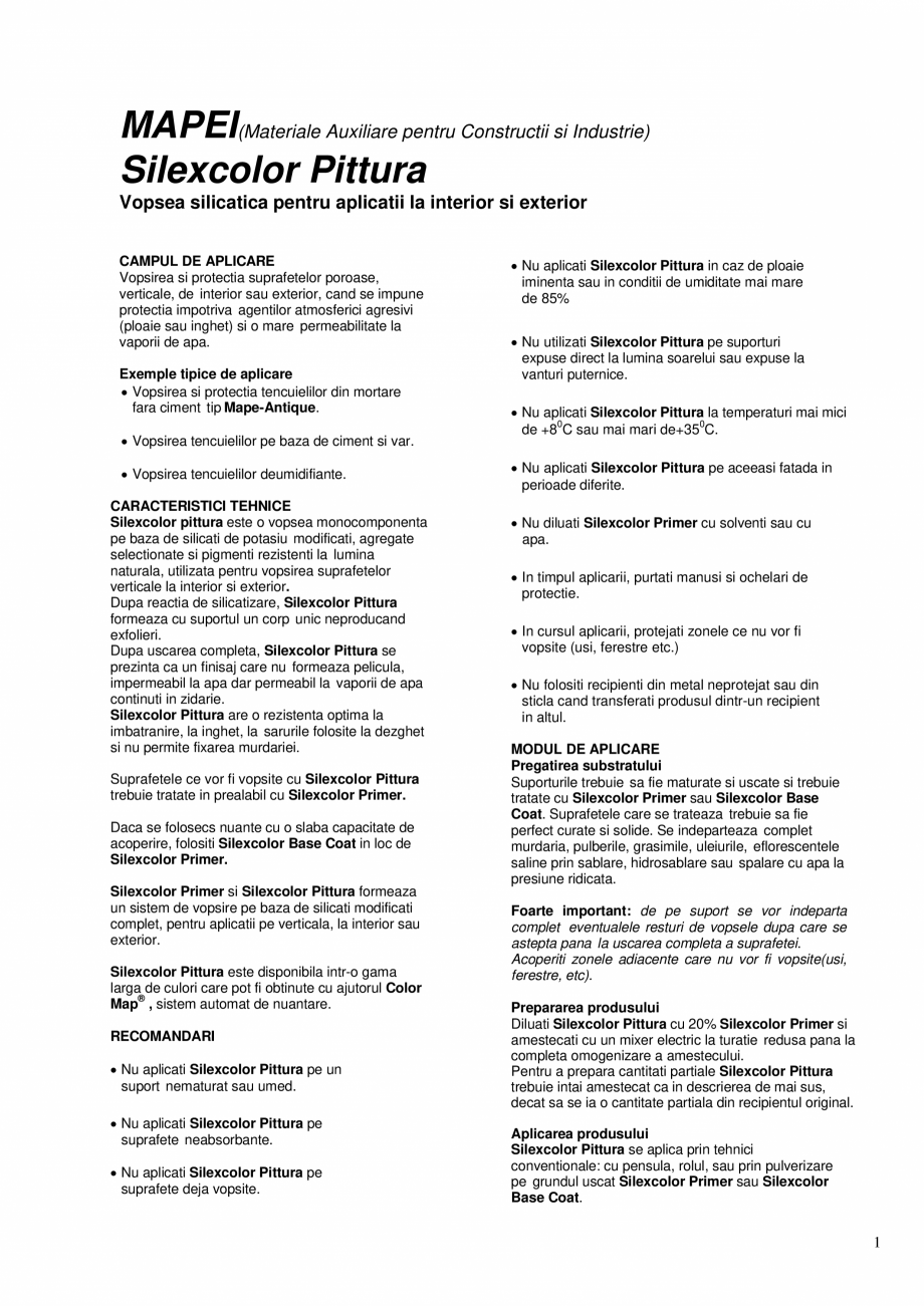 Pagina 1-Vopsea silicatica pentru aplicatii la interior si exterior MAPEI SILEXCOLOR PITTURA Fisa tehnica...