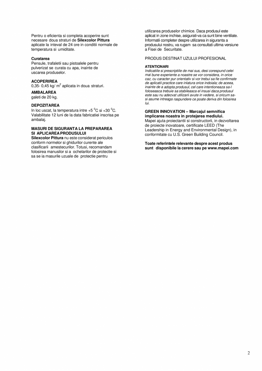 Pagina 2-Vopsea silicatica pentru aplicatii la interior si exterior MAPEI SILEXCOLOR PITTURA Fisa tehnica...