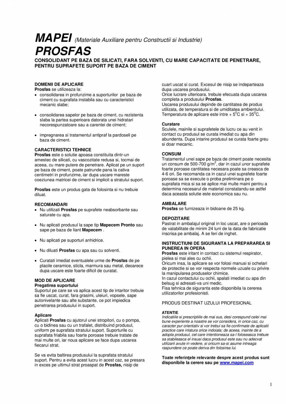 Pagina 1-Consolidant pe baza de silicati, fara solventi, pentru suprafete suport pe baza de ciment  MAPEI...