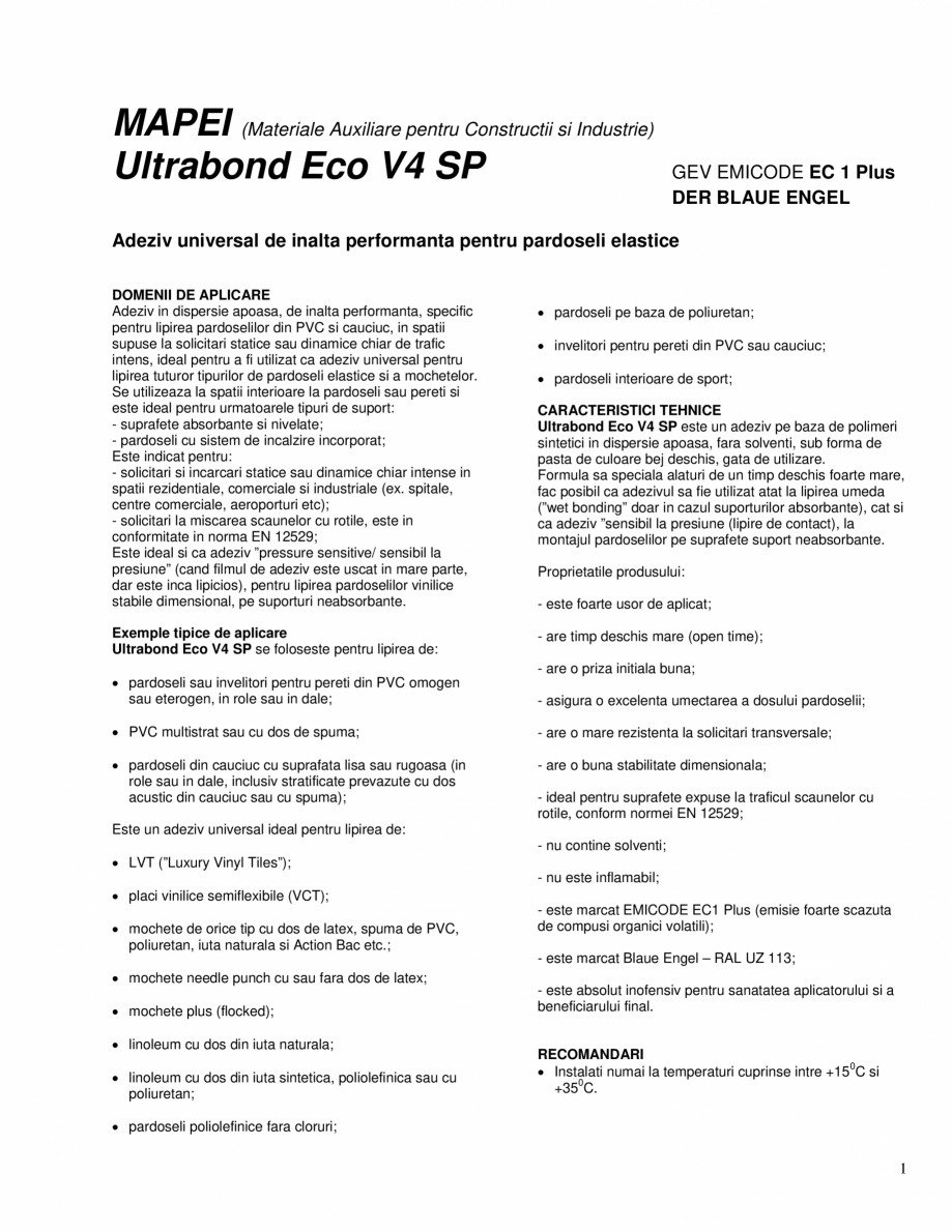 Pagina 1-Adeziv universal de inalta performanta pentru pardoseli elastice MAPEI ULTRABOND ECO V4SP Fisa...