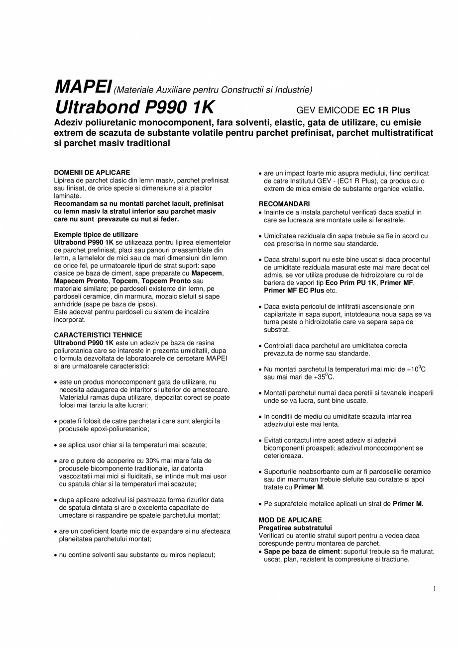 Pagina 1-Adeziv poliuretanic monocomponent, fara solventi, elastic, pentru toate tipurile de parchet MAPEI...