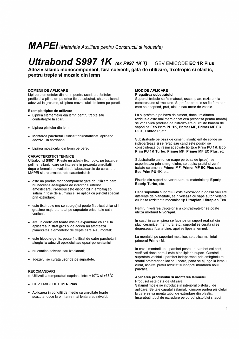 Pagina 1-Adeziv silanic monocomponent pentru trepte si mozaic din lemn MAPEI ULTRABOND S997 1K Fisa tehnica...