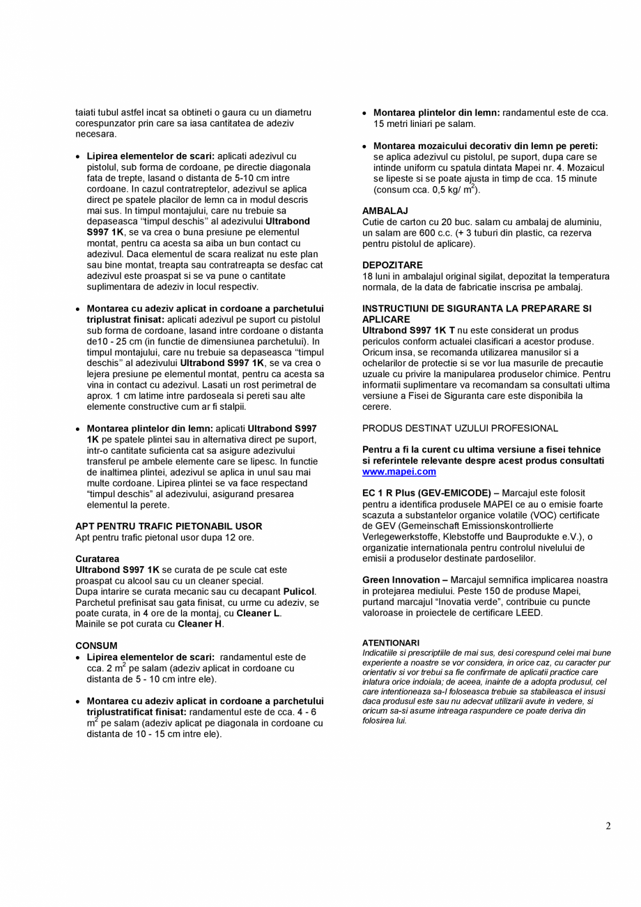 Pagina 2-Adeziv silanic monocomponent pentru trepte si mozaic din lemn MAPEI ULTRABOND S997 1K Fisa tehnica...