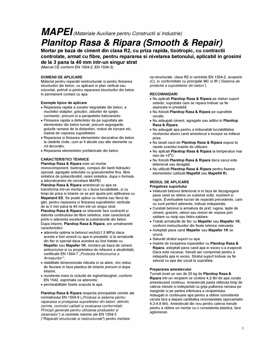 Pagina 1-Mortar pe baza de ciment pentru repararea si nivelarea betonului MAPEI PLANITOP RASA & RIPARA...