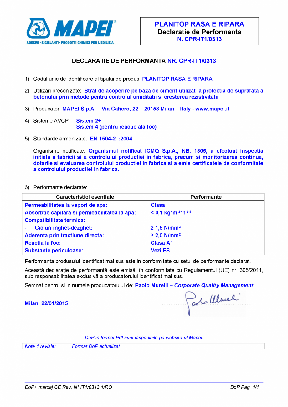 Pagina 1-Declaratie de performanta - Strat de acoperire pe baza de ciment utilizat la protectia de suprafata ...