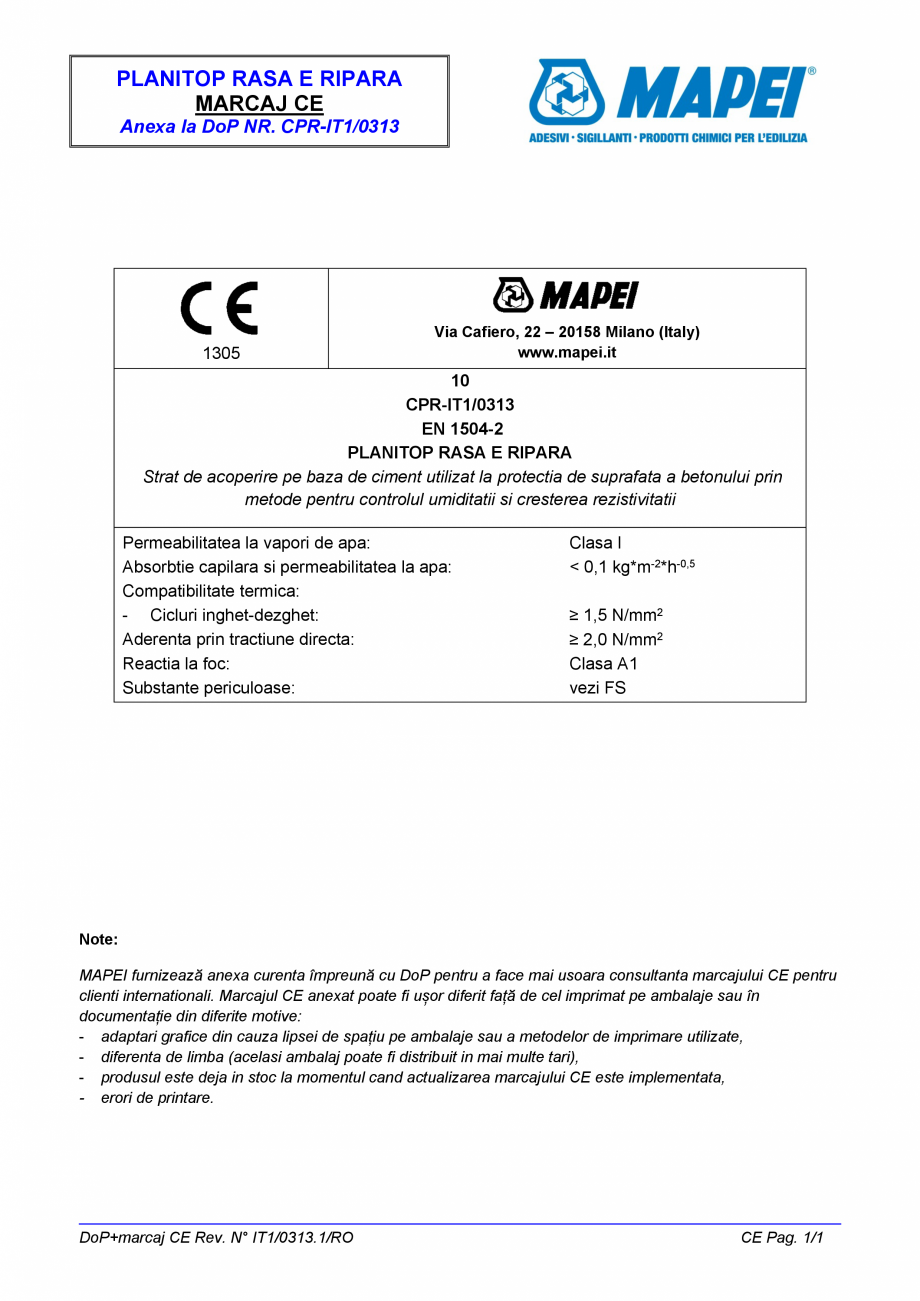 Pagina 2-Declaratie de performanta - Strat de acoperire pe baza de ciment utilizat la protectia de suprafata ...