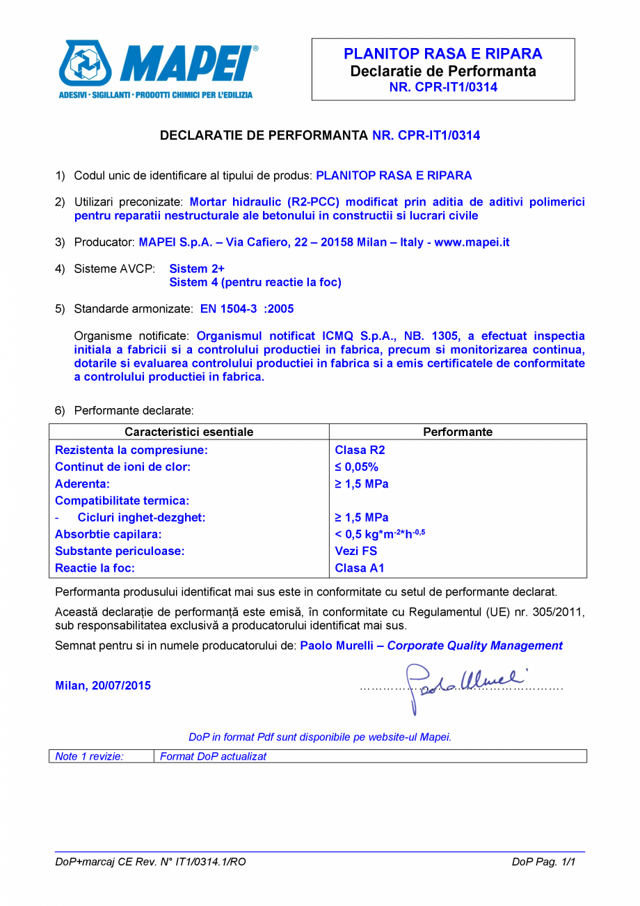 Pagina 1-Declaratie de performanta - Mortar hidraulic (R2-PCC) MAPEI PLANITOP RASA & RIPARA Certificare...