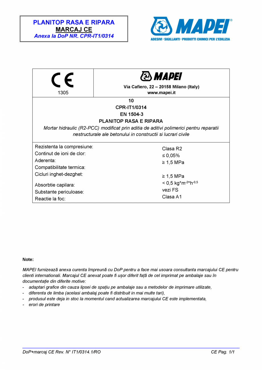 Pagina 2-Declaratie de performanta - Mortar hidraulic (R2-PCC) MAPEI PLANITOP RASA & RIPARA Certificare...
