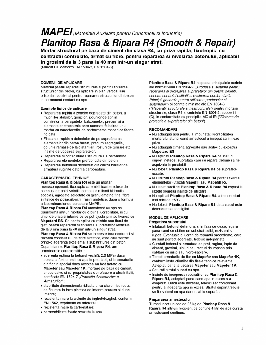 Pagina 1-Mortar structural pe baza de ciment pentru repararea si nivelarea betonului MAPEI PLANITOP RASA &...