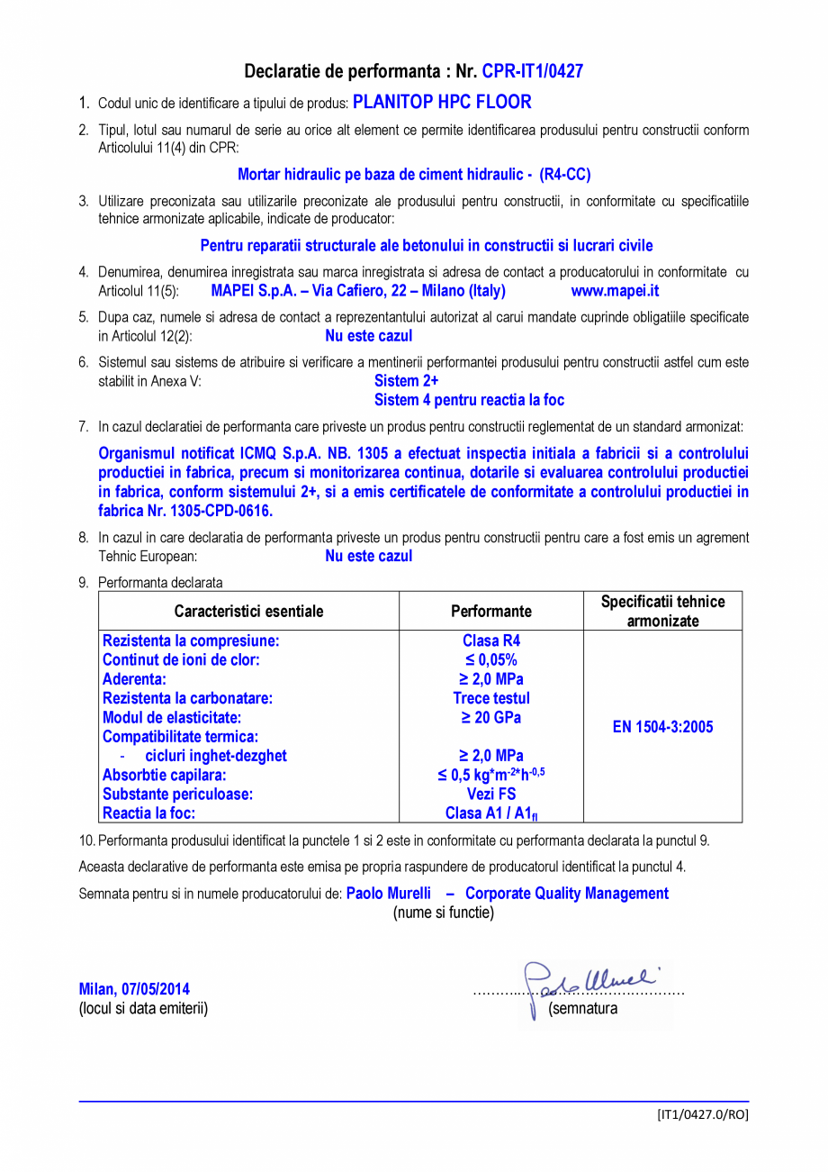 Pagina 1-Declaratie de performanta - Mortar hidraulic pe baza de ciment hidraulic - (R4-CC) MAPEI PLANITOP...