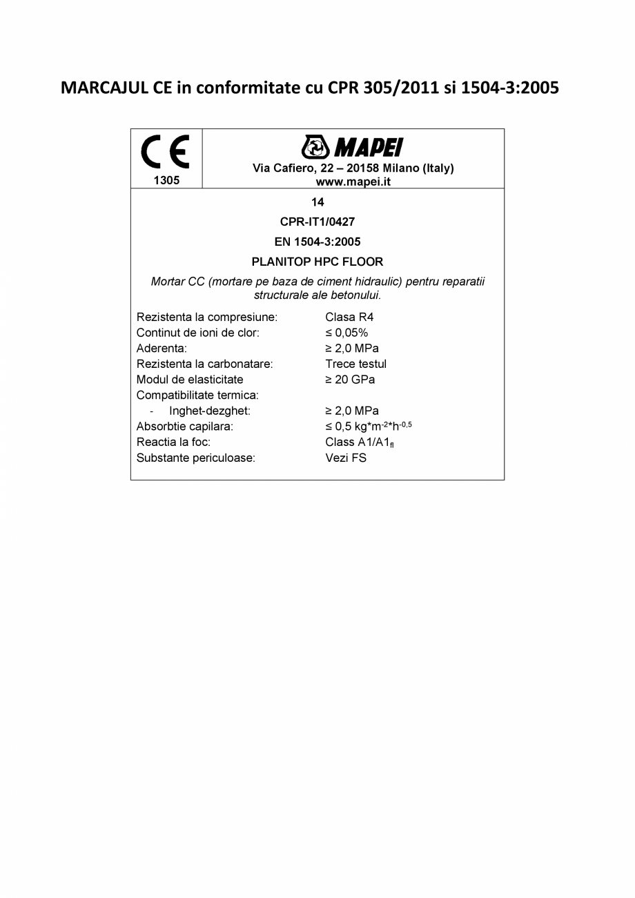 Pagina 2-Declaratie de performanta - Mortar hidraulic pe baza de ciment hidraulic - (R4-CC) MAPEI PLANITOP...