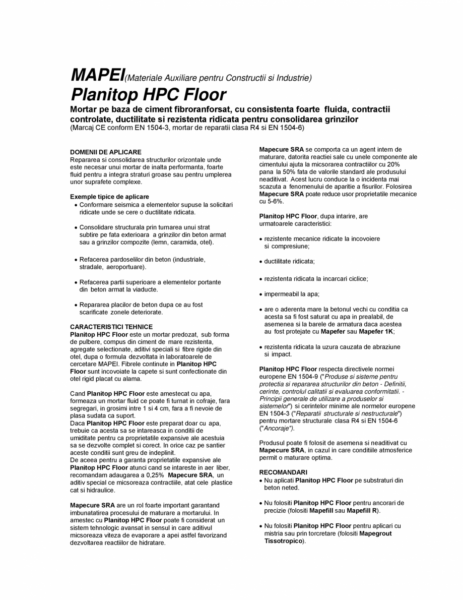 Pagina 1-Mortar pe baza de ciment fibroranforsat pentru consolidarea grinzilor MAPEI PLANITOP HPC FLOOR Fisa ...