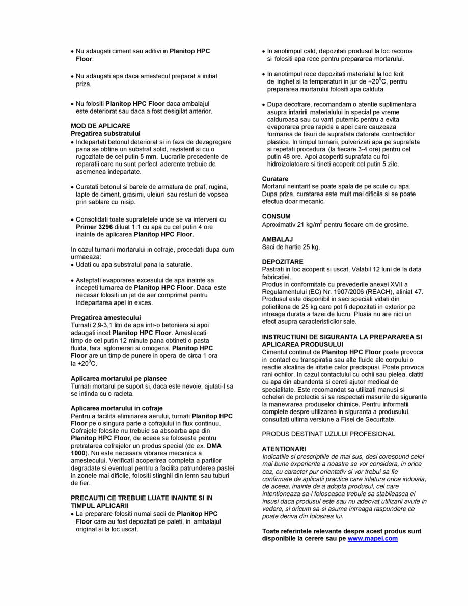 Pagina 2-Mortar pe baza de ciment fibroranforsat pentru consolidarea grinzilor MAPEI PLANITOP HPC FLOOR Fisa ...