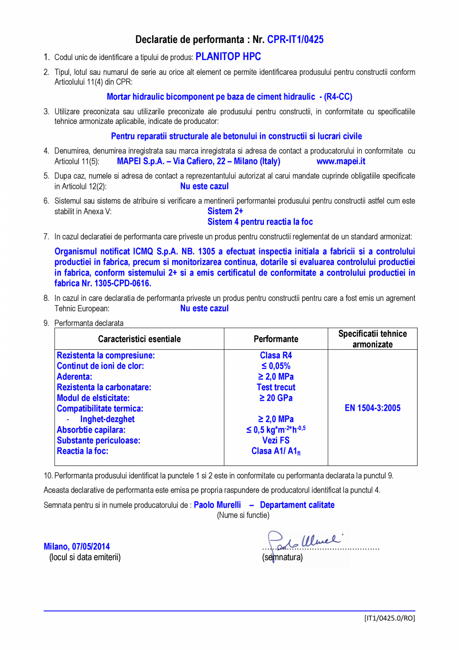 Pagina 1-Declaratie de performanta - Mortar hidraulic pe baza de ciment hidraulic - (R4-CC) MAPEI PLANITOP...