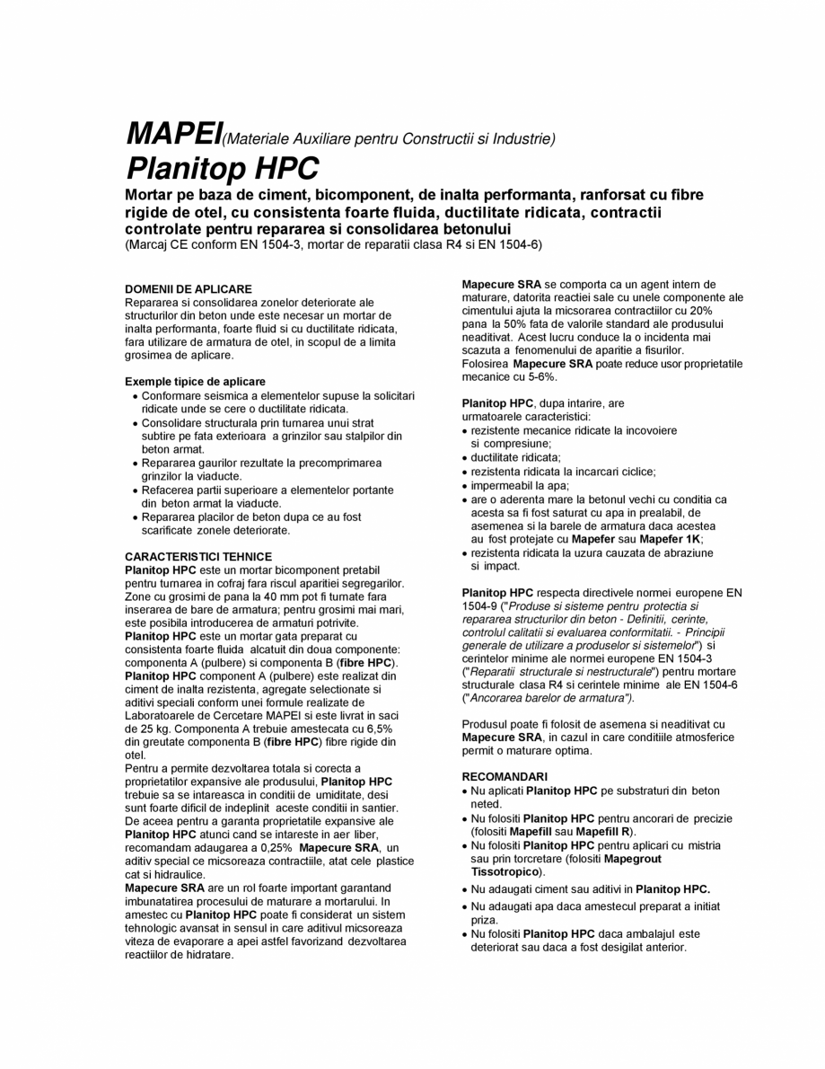 Pagina 1-Mortar pe baza de ciment pentru repararea si consolidarea betonului MAPEI PLANITOP HPC Fisa tehnica ...