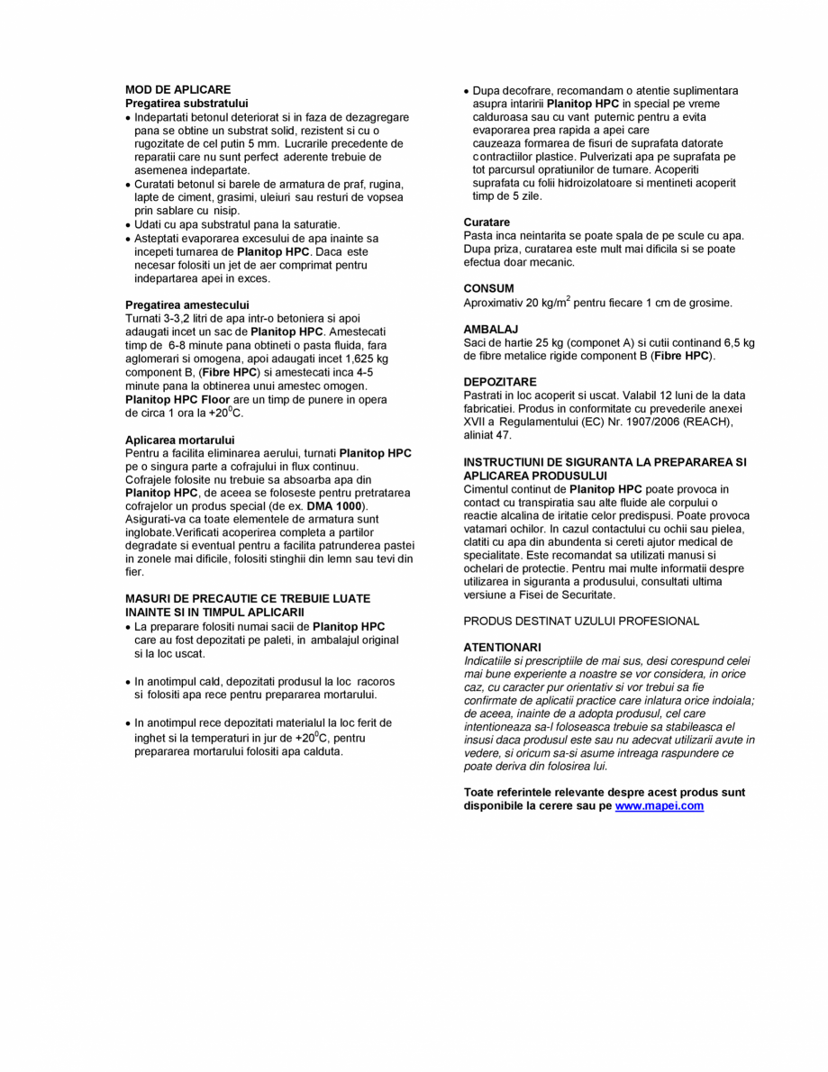 Pagina 2-Mortar pe baza de ciment pentru repararea si consolidarea betonului MAPEI PLANITOP HPC Fisa tehnica ...