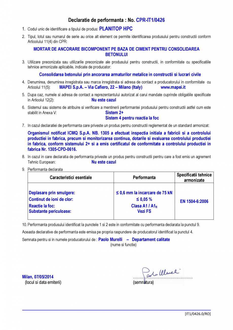Pagina 1-Declaratie de performanta - mortar pe baza de ciment pentru ancoraje, pentru consolidarea betonului ...