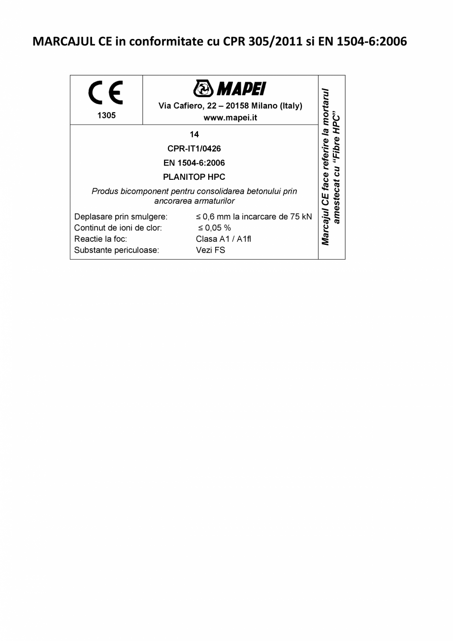 Pagina 2-Declaratie de performanta - mortar pe baza de ciment pentru ancoraje, pentru consolidarea betonului ...