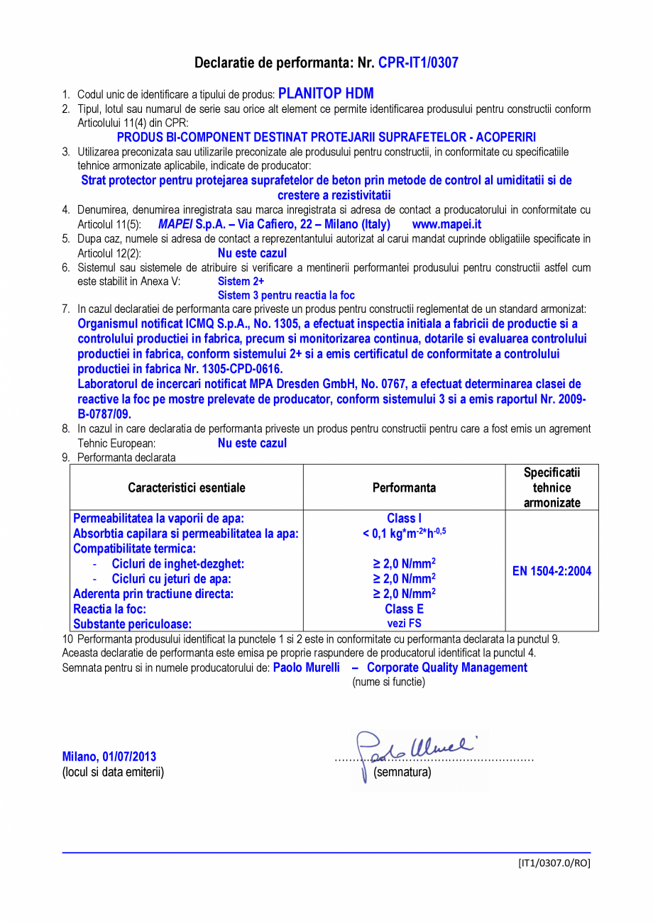 Pagina 1-Declaratie de performanta - produs bi-component destinat protejarii suprafetelor - acoperiri MAPEI...
