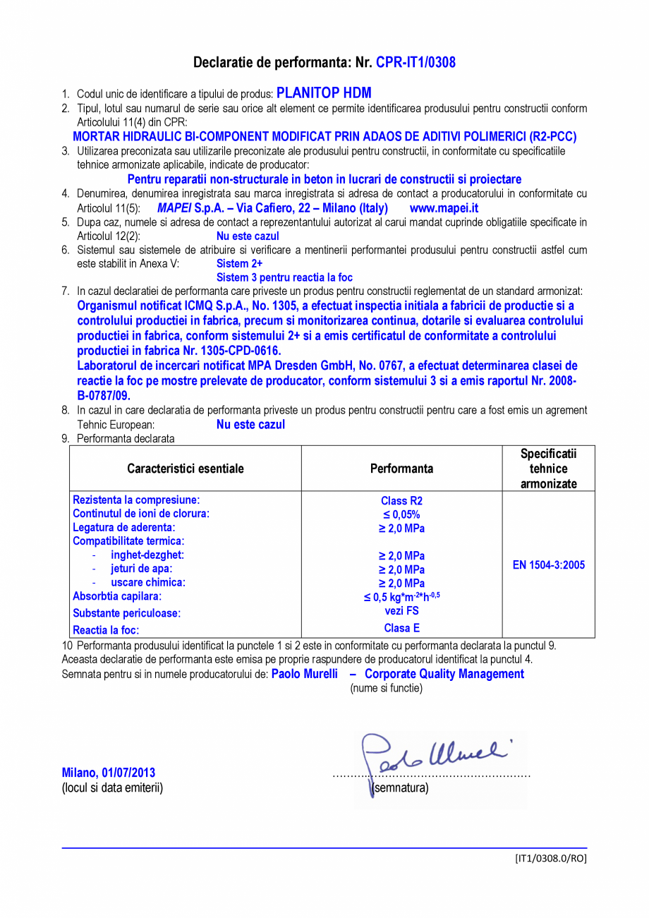 Pagina 1-Declaratie de performanta - mortar hidraulic bi-component modificat prin adaos de aditivi polimerici...