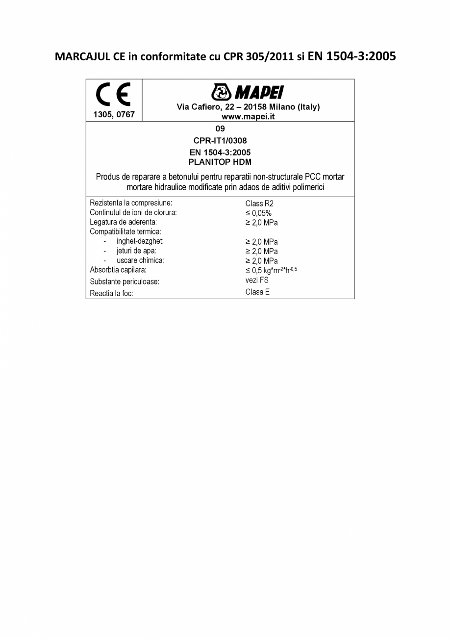 Pagina 2-Declaratie de performanta - mortar hidraulic bi-component modificat prin adaos de aditivi polimerici...