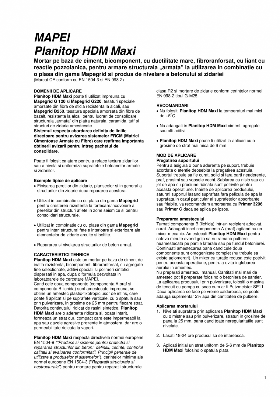Pagina 1-Mortar pe baza de ciment, bicomponent pentru armare structurala „armata” MAPEI PLANITOP ...