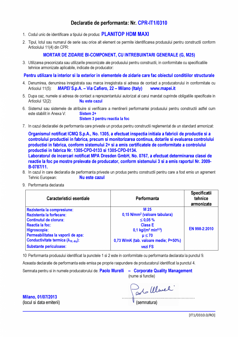 Pagina 1-Declaratie de performanta - mortar de zidarie bi-component, cu intrebuintari generale (G, M25) MAPEI...