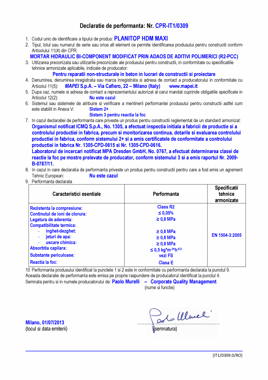 Pagina 1 - Declaratie de performanta - mortar hidraulic bi-component modificat prin adaos de aditivi...