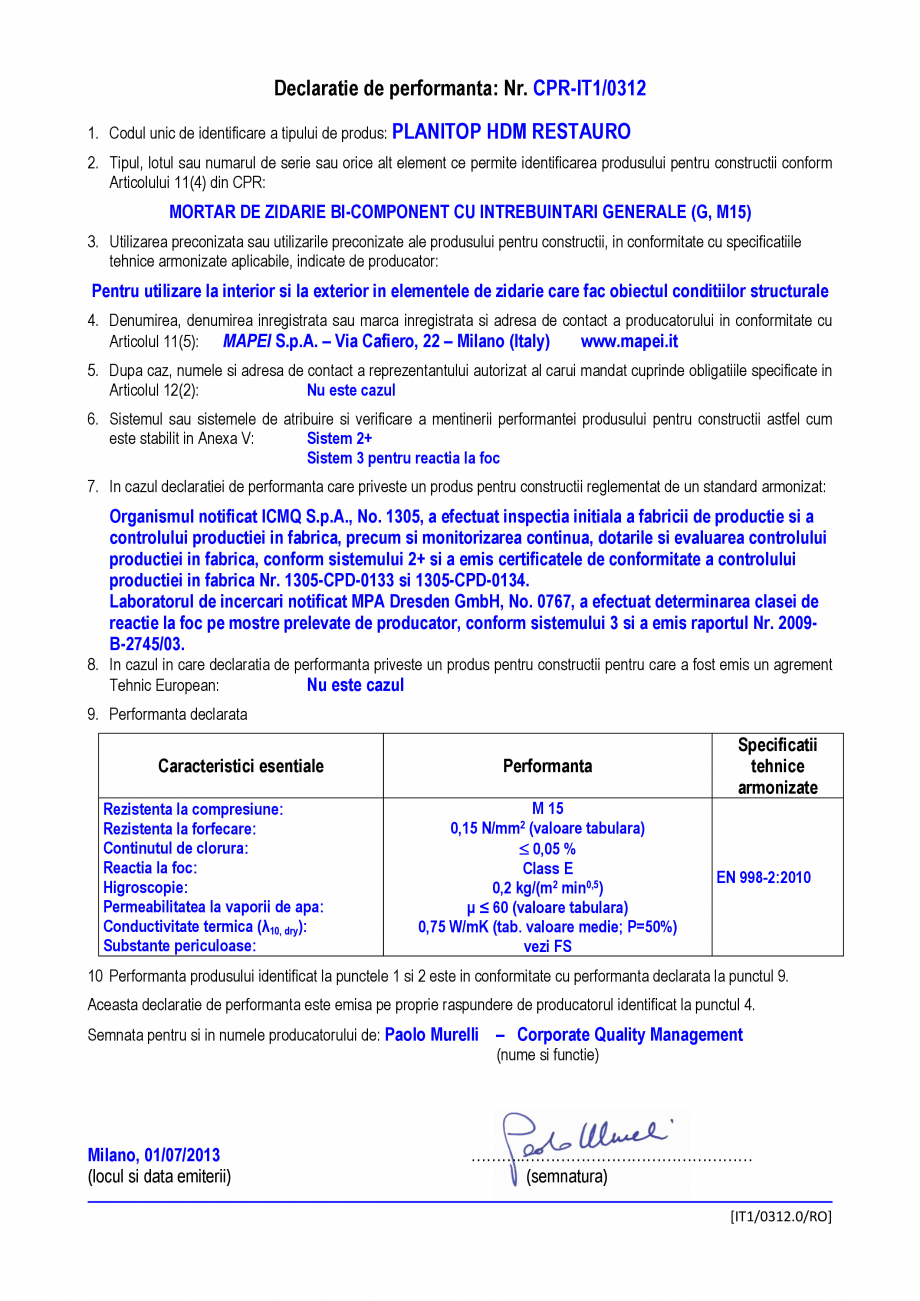 Pagina 1-Declaratie de performanta - mortar de zidarie bi-compoment cu intrebuintari generale (G, M15) MAPEI ...