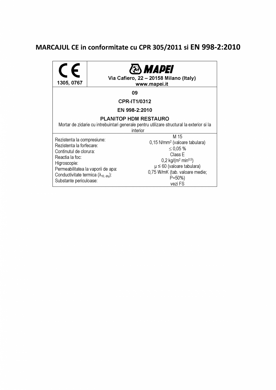 Pagina 2-Declaratie de performanta - mortar de zidarie bi-compoment cu intrebuintari generale (G, M15) MAPEI ...