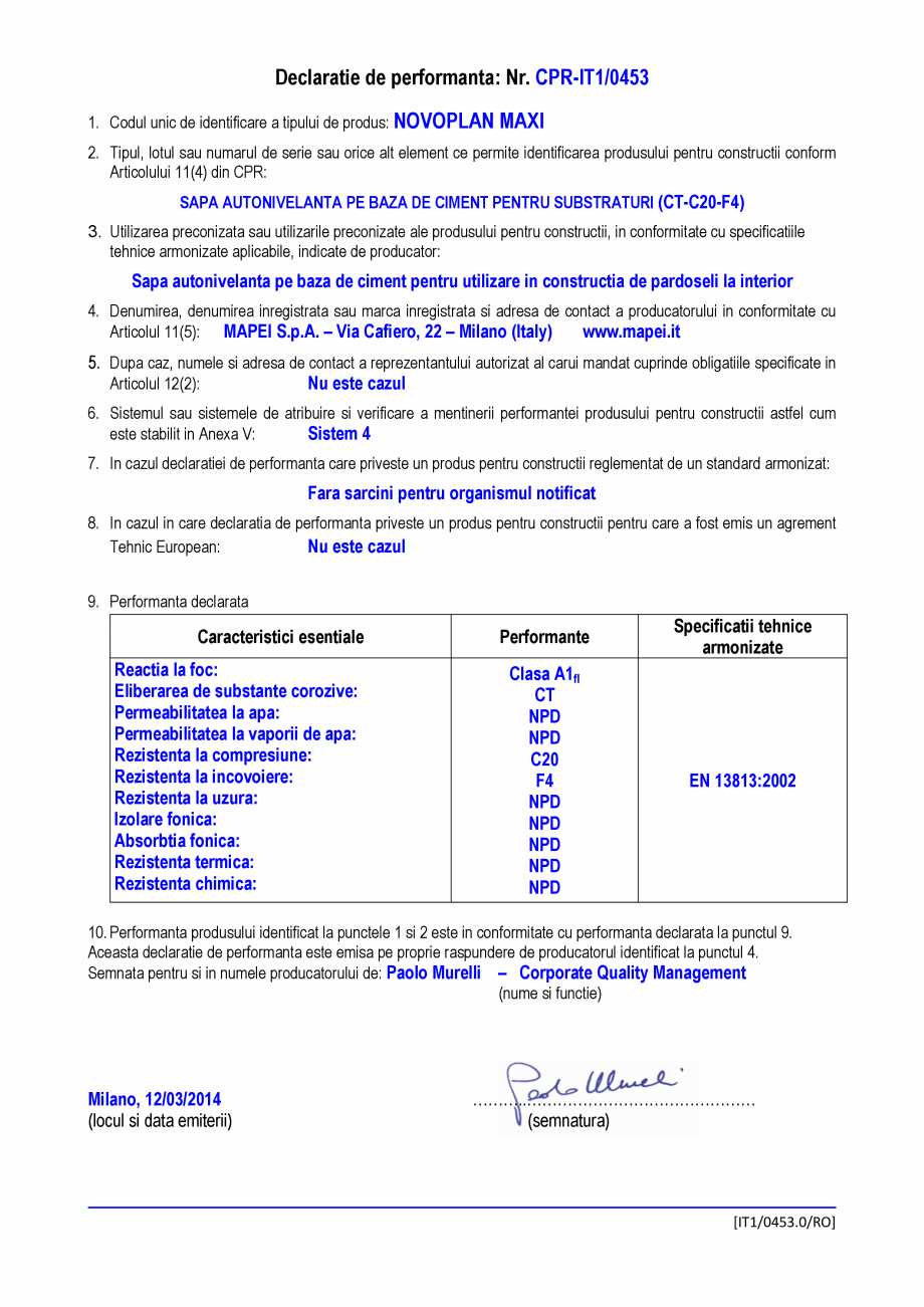 Pagina 1-Declaratie de performanta - sapa autonivelanta pe baza de ciment pentru substraturi (CT-C20-F4)...