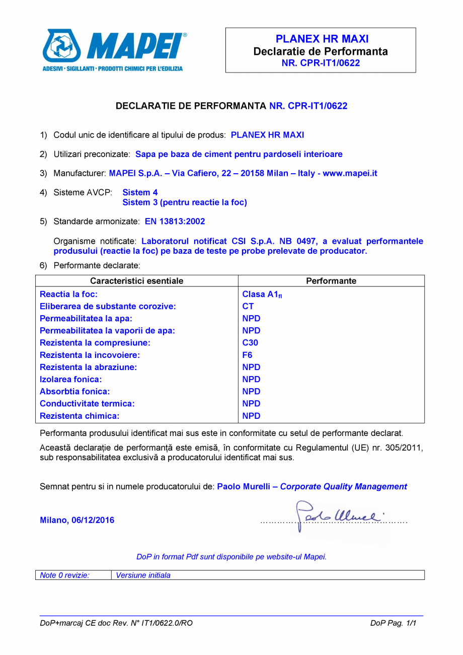 Pagina 1-Declaratie de performanta - sapa pe baza de ciment pentru pardoseli interioare MAPEI PLANEX HR MAXI ...