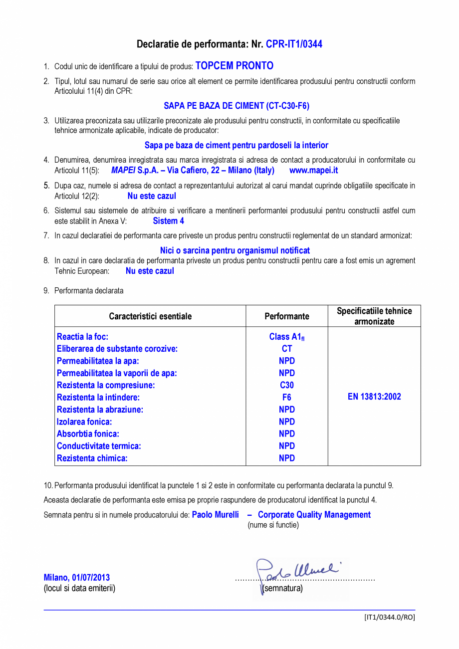 Pagina 1-Declaratie de performanta - sapa pe baza de ciment pentru pardoseli la interior MAPEI TOPCEM PRONTO ...