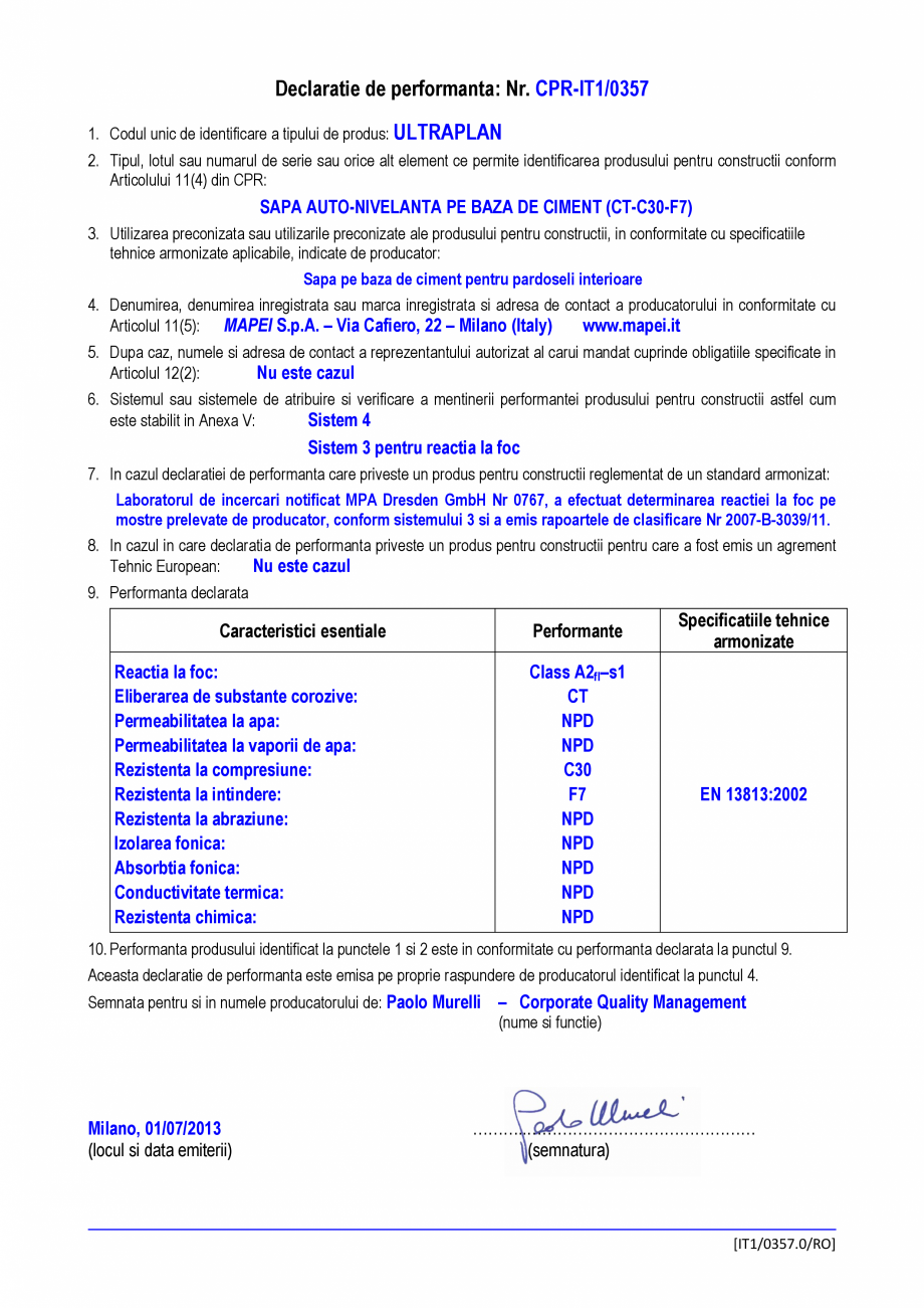 Pagina 1-Declaratie de performanta - sapa autonivelanta pe baza de ciment (CT-C30-F7) MAPEI ULTRAPLAN...